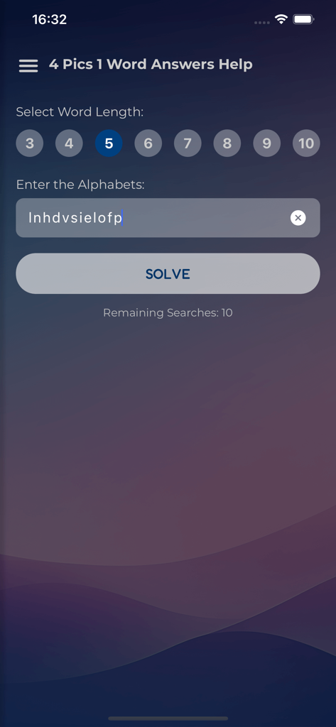 4 Pics 1 Word Answers Help - Oberfläche der App 4 Pics 1 Word Antworten Hilfe mit Auswahl der Wortlänge und Eingabefeld für Buchstaben