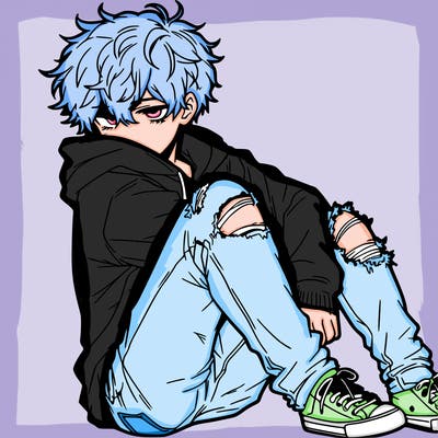 a male hoddie ripped jeans messy hair anime