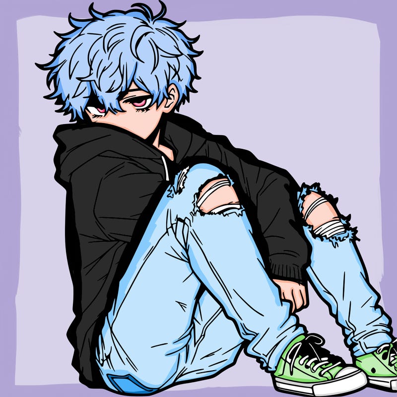 a male hoddie ripped jeans messy hair anime