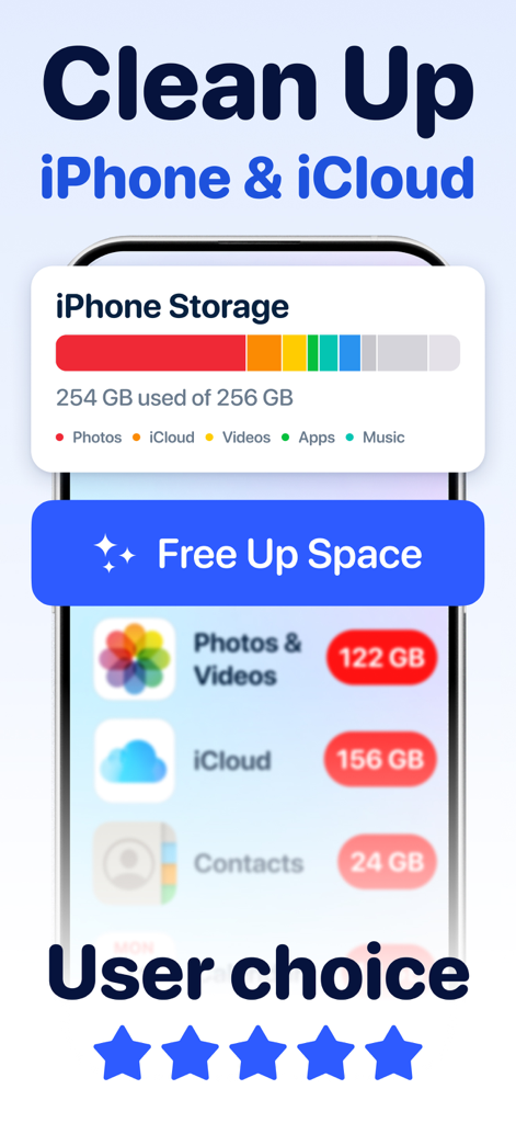 Clean Up Now: AI Cleaner - Clean Up Now app dashboard showing nearly full iPhone storage with an option to free up space.