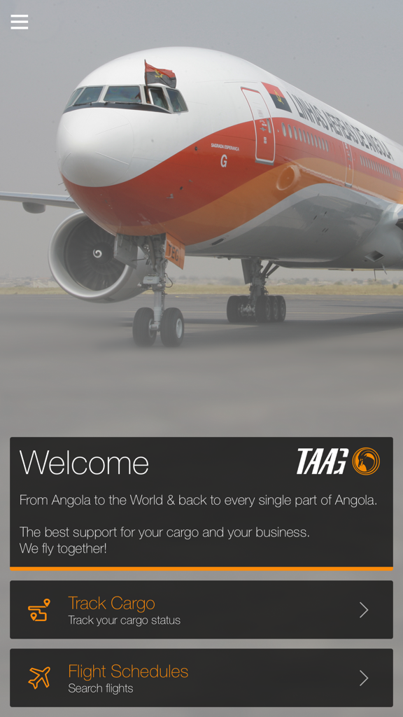 TAAG Cargo - TAAG Cargo mobile app home screen showing an airplane and options for cargo tracking and flight schedules