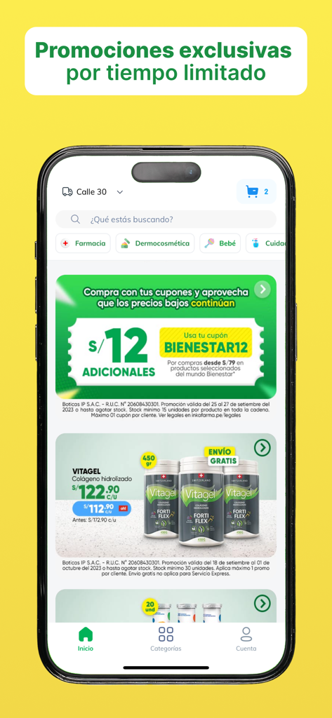 Inkafarma Movil app home screen displaying exclusive promotions and healthcare product coupons