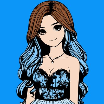 realistic girl with long hair and pretty prom dress
