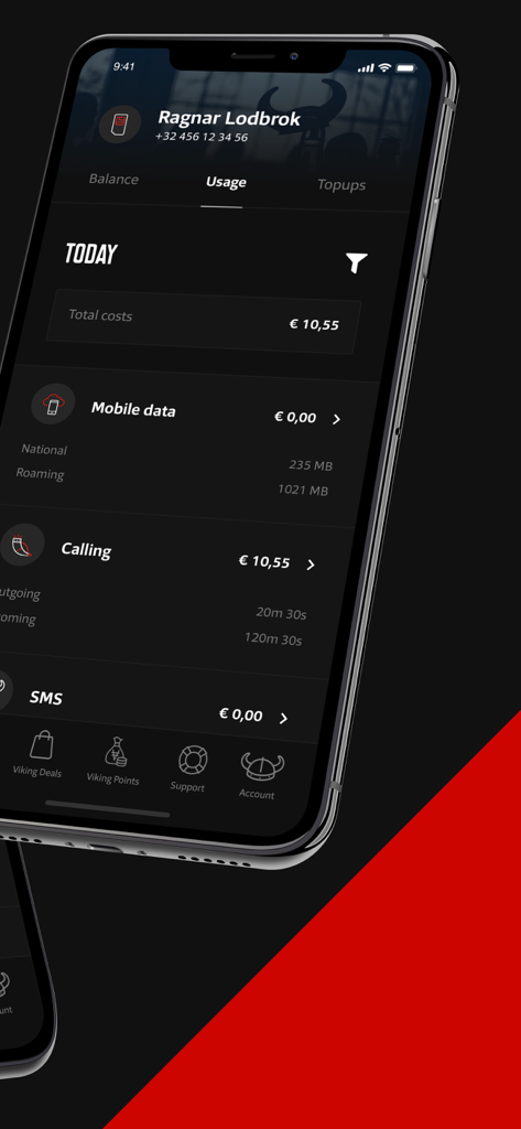 My Viking App Nutzungsbildschirm mit Anzeige der mobilen Daten- und Gesprächskosten für den Benutzer.
