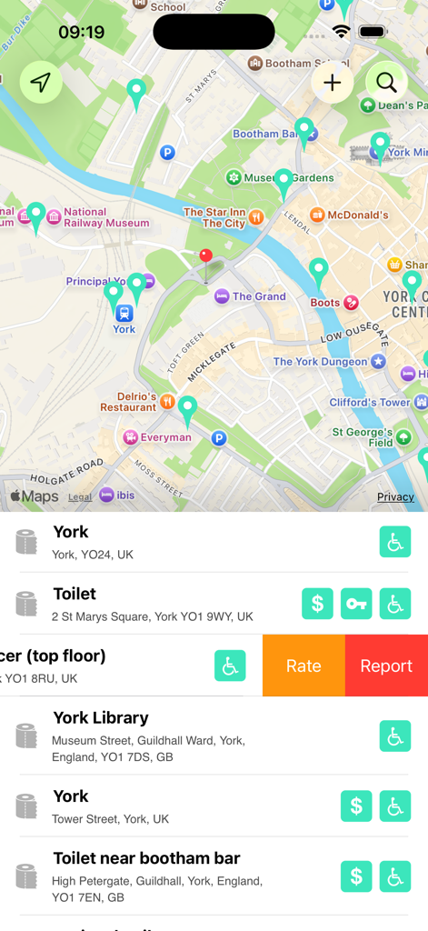 Flush Toilet Finder & Map - Map view of the Flush Toilet Finder app showing restroom locations with accessibility and fee icons
