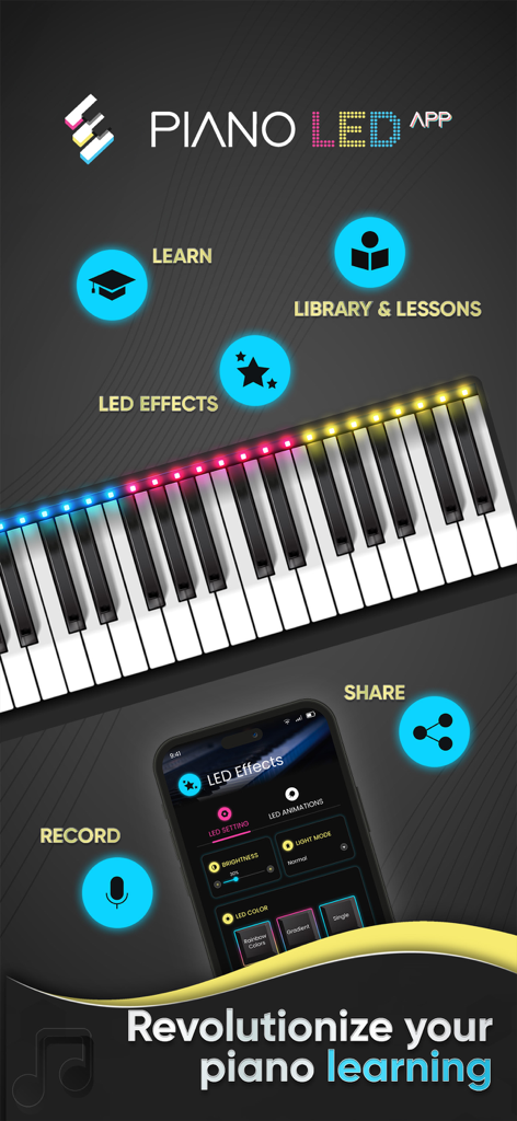 Interface of the Piano LED App showing a keyboard with integrated lights and learning features like lessons and led effects