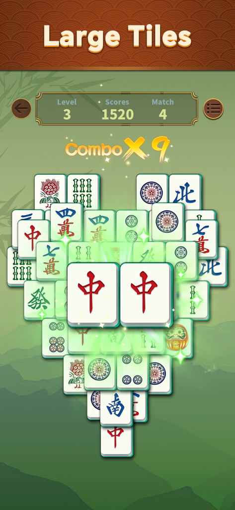 Otium Mahjong: Wafū Tile Match - Una pantalla de juego de puzles de Mahjong con fichas extragrandes dispuestas en forma de corazón con un efecto de coincidencia combinada.