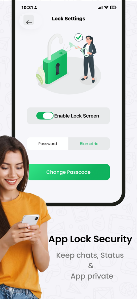 Dual App Manager: Chat Mate - App lock security settings screen in Chat Mate showing password and biometric options to keep chats and status updates private
