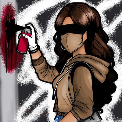 realistic girl with mask spray painting a wall