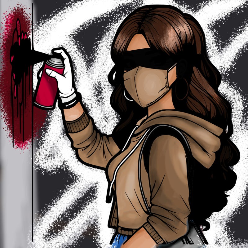 realistic girl with mask spray painting a wall