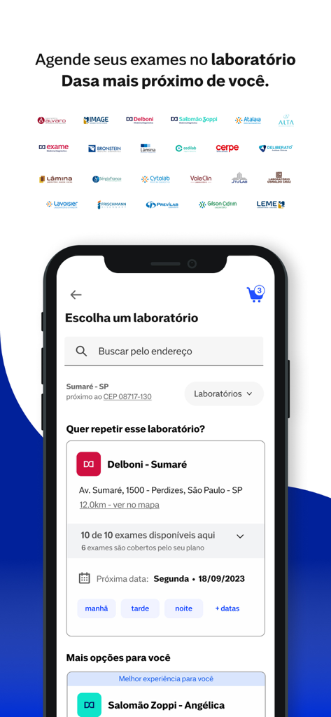 Interfaz para elegir un laboratorio y programar exámenes médicos en la aplicación Nav Dasa