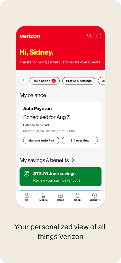 The My Verizon app dashboard showing personalized account information including balance auto pay status and monthly savings