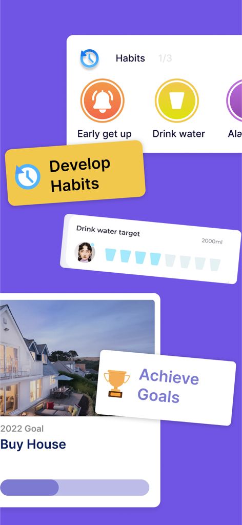 Daily Planner, Schedule: Brite - Interfaccia che mostra funzionalità di tracciamento abitudini e obiettivi come bere acqua e comprare una casa.