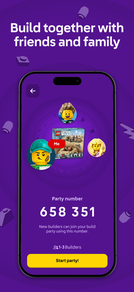 LEGO® Builder: 3D Instructions - Oberfläche der LEGO Builder App zeigt die Funktion 'Gemeinsam bauen' mit einem Party-Code für gemeinsames Bauen