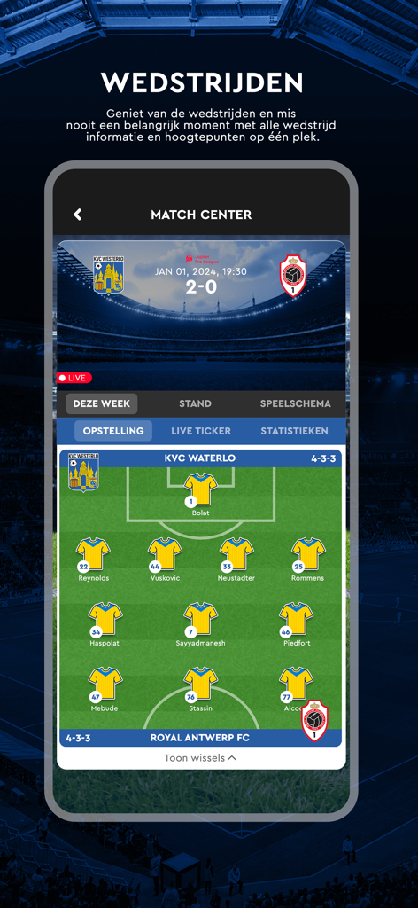 KVC Westerlo official app match center screen showing the starting lineup and formation on a digital football pitch