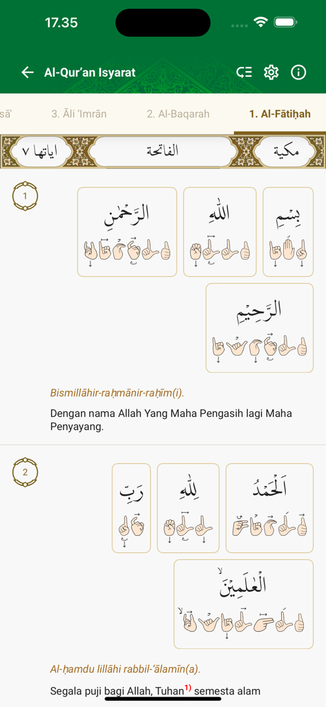 Quran Kemenag app interface showing Surah Al-Fatihah with Arabic text and sign language hand symbols for accessibility