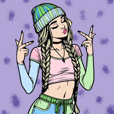 realistic teenage girl with braids and a beanie and crop top doing 🫶🏼