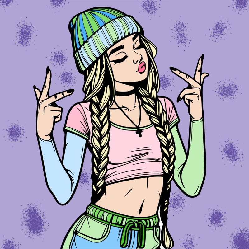 realistic teenage girl with braids and a beanie and crop top doing 🫶🏼