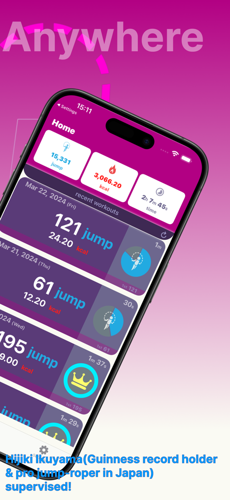 The home screen of the Air Jump Rope app displaying total jumps, calories burned, and a list of recent workouts.