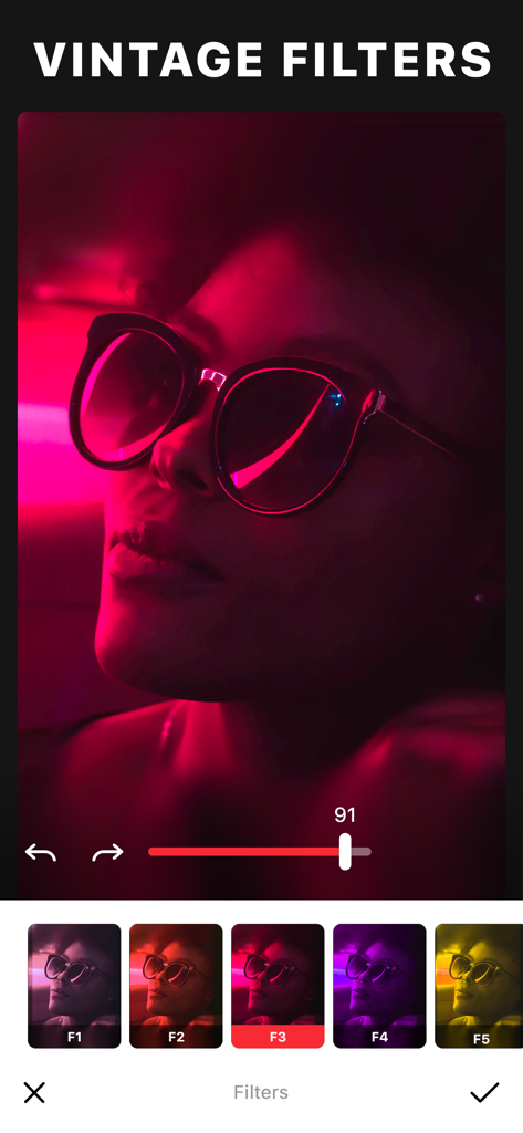 RetroCam: Vintage Film Camera - RetroCam app interface showing vintage filters applied to a portrait photo with neon pink lighting