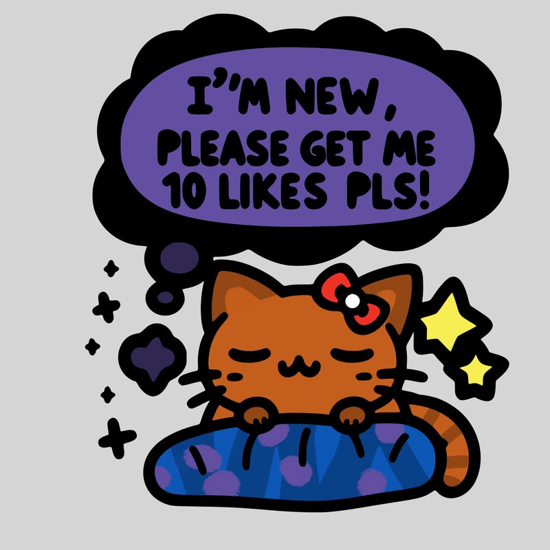 kitty taking a nap dream talking and saying "i'm new, please get me at least 10 likes pls!!"