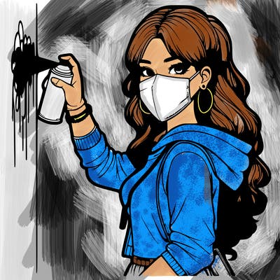 realistic girl with mask spray painting a wall