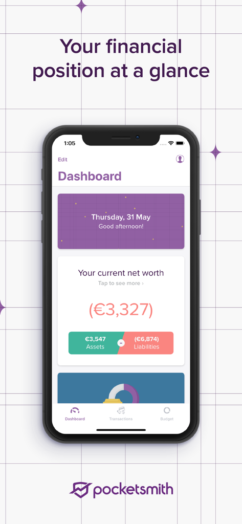 PocketSmith Sidekick - PocketSmith Sidekick mobile dashboard showing current net worth with a summary of assets and liabilities