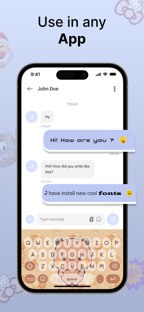 iPhone displaying a chat with custom fonts and a cute bear themed keyboard