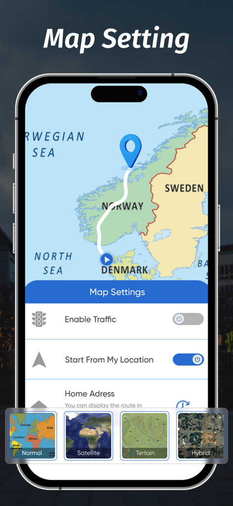 Street View Map Watch 3D View - iPhone interface displaying map settings including traffic toggle and various map view modes