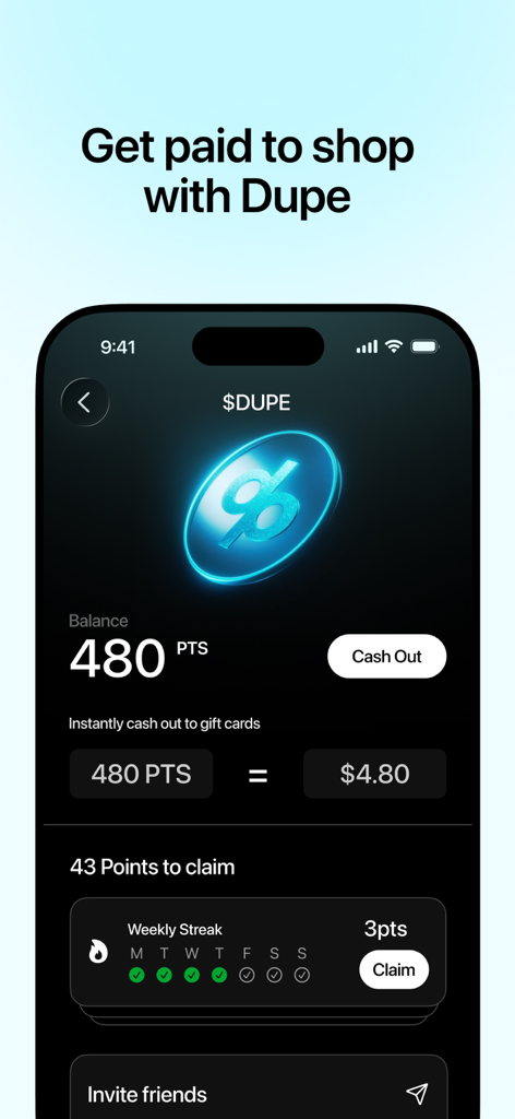 Interface of the Dupe app showing points balance and cash out rewards for shopping deals