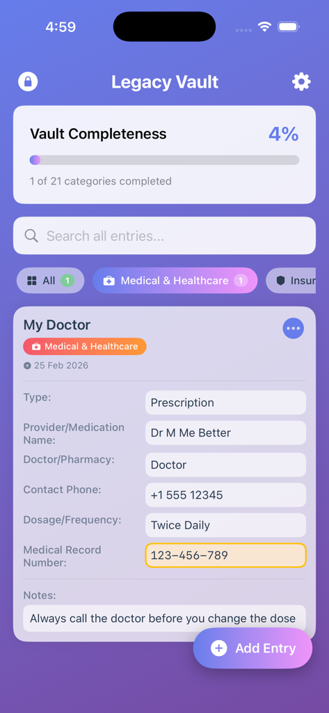 MyLegacyVault - Legacy Vault app interface showing a detailed medical prescription record with doctor contact info and dosage notes