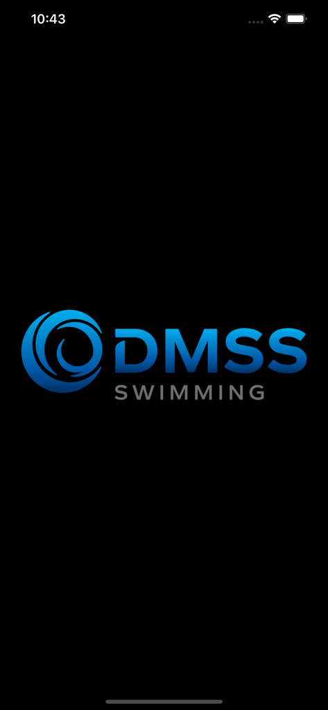 DMSS Swimming - DMSS Swimming App Startbildschirm mit dem blauen Wirbel-Logo und Markennamen auf schwarzem Hintergrund
