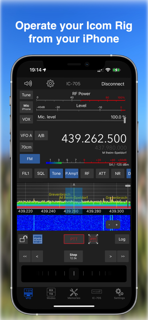 SDR-Control Mobile - SDR-Control Mobile app interface on an iPhone showing frequency and waterfall display for an Icom radio