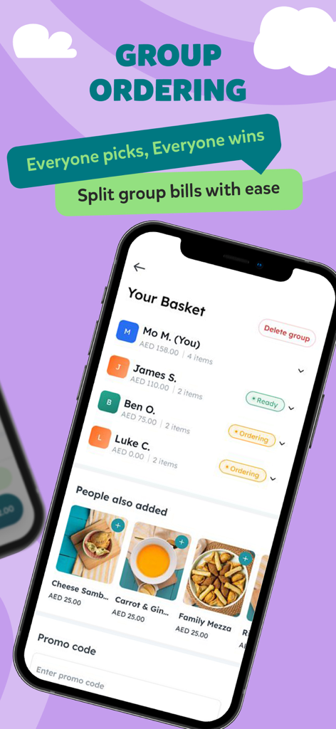 Tela do aplicativo Kitopi mostrando recursos de pedido em grupo e divisão de conta.