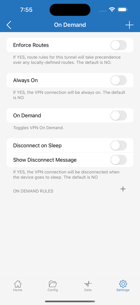 Shadowrocket - Shadowrocket app on demand settings screen with VPN connection and routing rules configuration