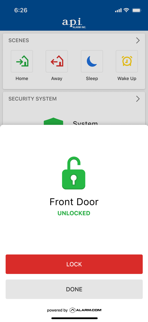 apiALARM - The apiALARM app interface displaying a front door lock status as unlocked with a button to remotely lock it
