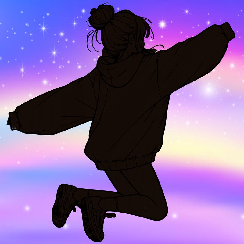 realistic girl jumping with a bun and oversized sweatshirt