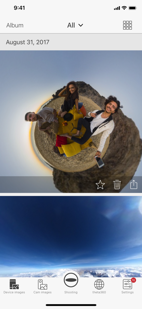 RICOH THETA app photo album showing tiny planet and 360 degree spherical images