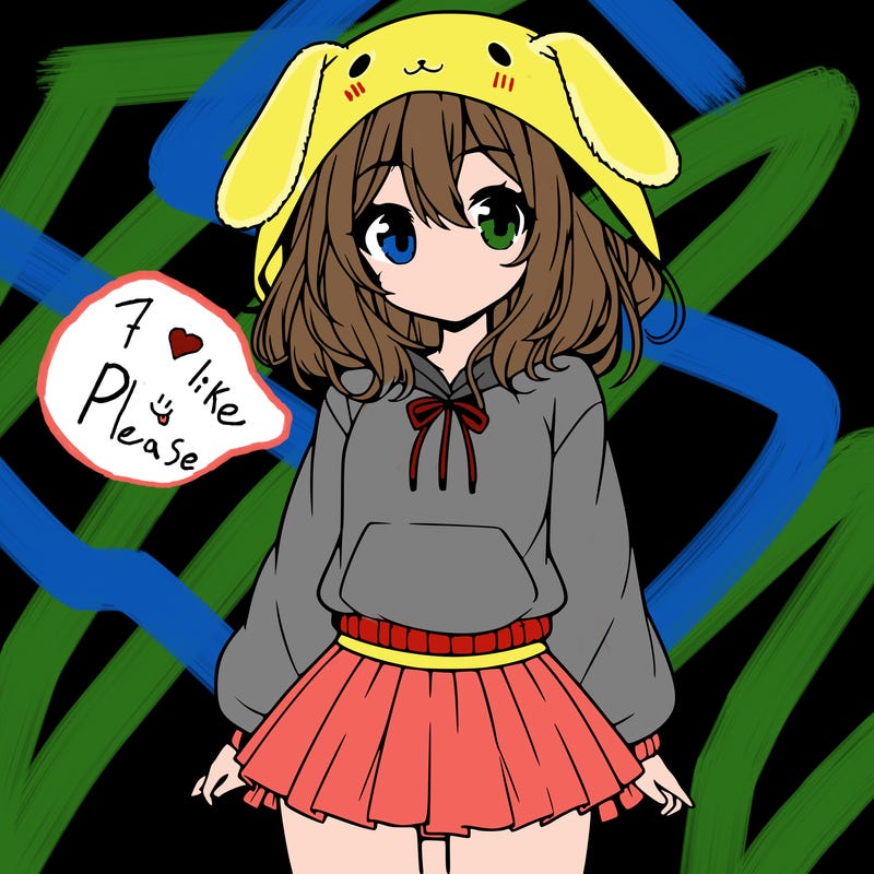 pretty anime girl wearing a fluffy hoodie with bunny ears on the hood and a skirt