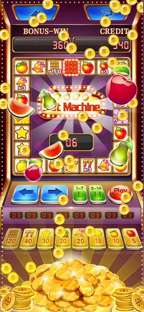 Classic fruit slot machine interface showing a big win with falling gold coins