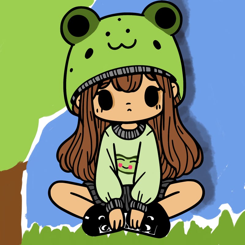 a girl wearing a frog hat and some frog socks