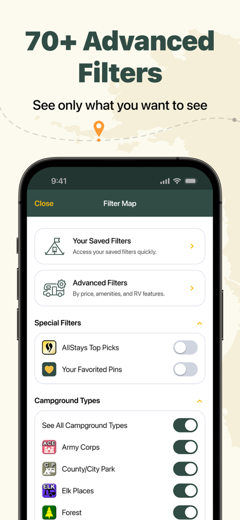Interface of the AllStays app showing advanced filters for campgrounds and RV parks.