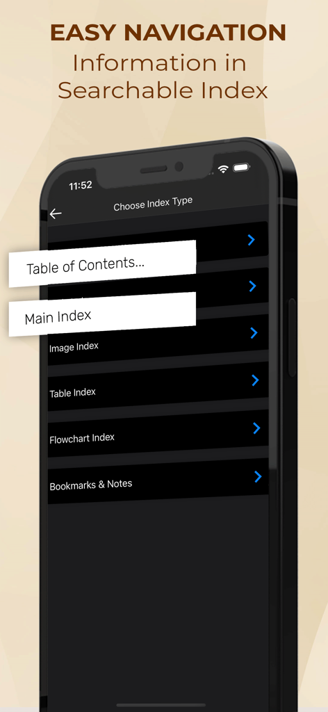 Maudsley Prescribing Guideline App zeigt das durchsuchbare Index-Navigationsmenü auf einem Smartphone