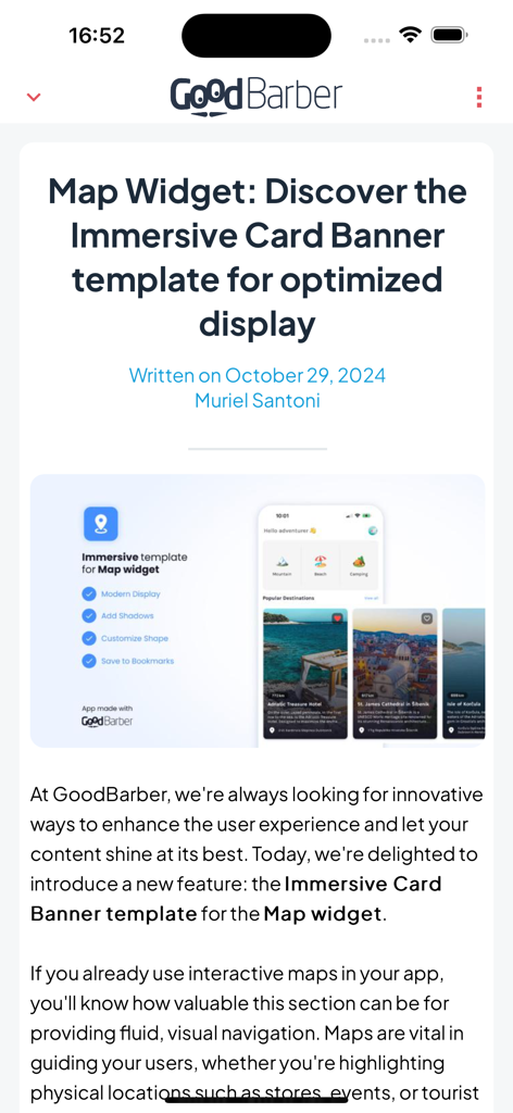 GoodBarber News - Artigo das Notícias GoodBarber detalhando o template de Banner de Cartão Imersivo para o widget de Mapa.