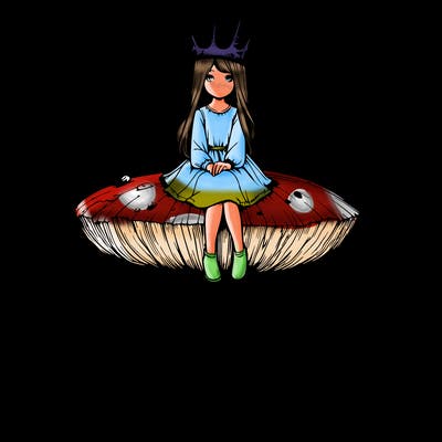realistic girl sitting on a huge tree stump size toadstool with thorn crown