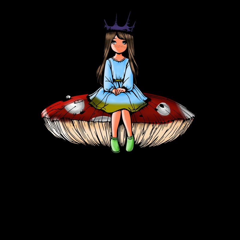 realistic girl sitting on a huge tree stump size toadstool with thorn crown
