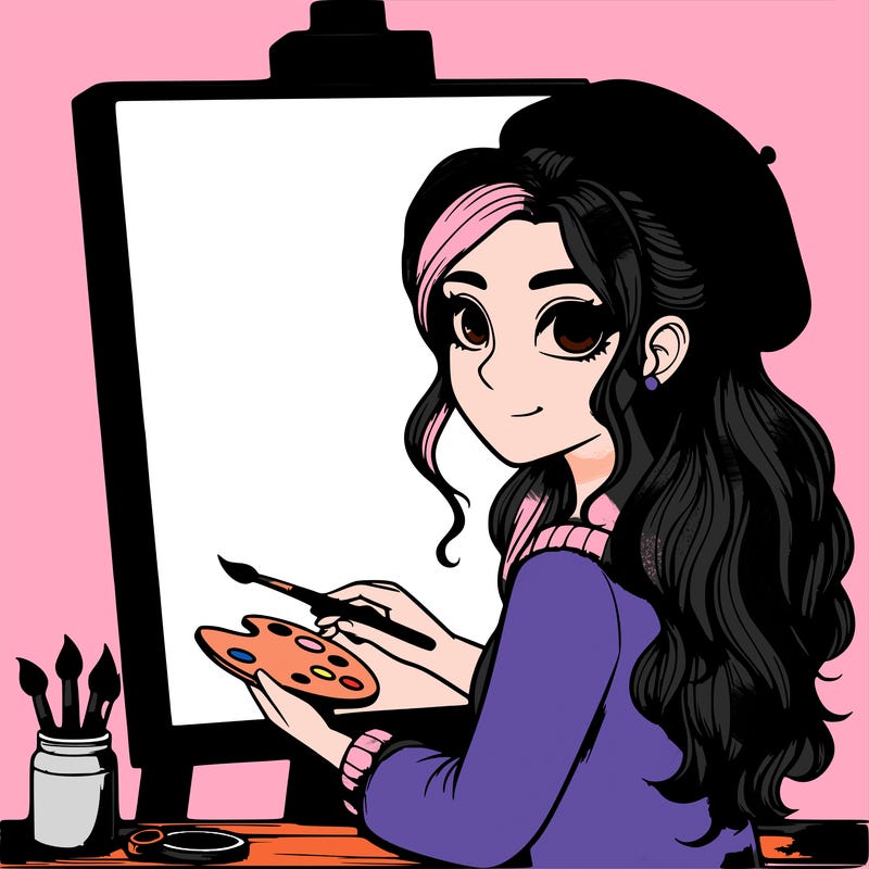 realistic girl artist painting a blank canvas