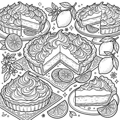 Dive into a world of delicious desserts with this intricate lemon meringue pie coloring page. Perfect for anyone who loves baking, sweets, and vibrant citrus flavors.
