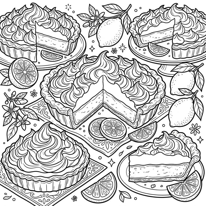 Dive into a world of delicious desserts with this intricate lemon meringue pie coloring page. Perfect for anyone who loves baking, sweets, and vibrant citrus flavors.