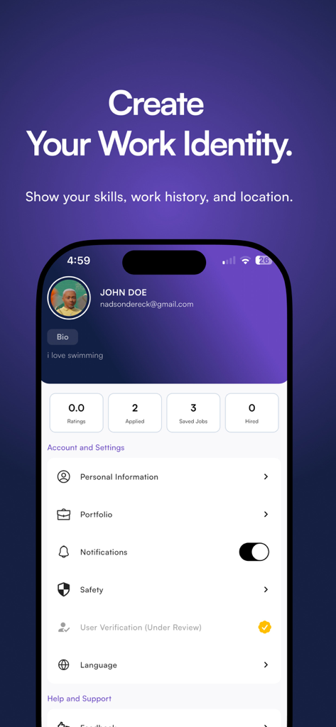 Pantalla de la aplicación Daywaka para crear una identidad profesional de trabajo y gestionar las solicitudes de empleo.